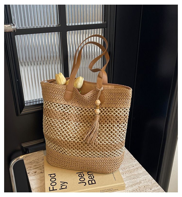 Borsa di paglia Borsa intrecciata Borsa da spiaggia Borsa di paglia per le vacanze Borsa intrecciata cava da donna Borsa a tracolla di grande capacità alla moda per pendolari_voghion.com