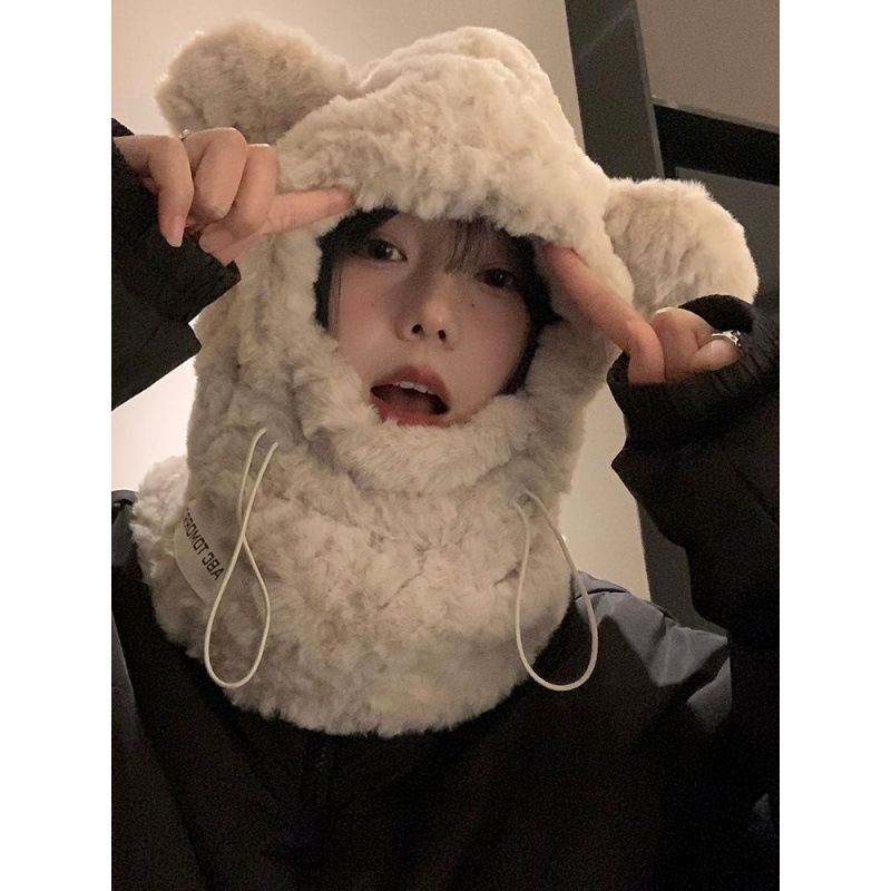 Bonita bufanda de osito de peluche engrosada integrada con gorro cálido de protección para los oídos de versión coreana para otoño e invierno para mujer_voghion.com