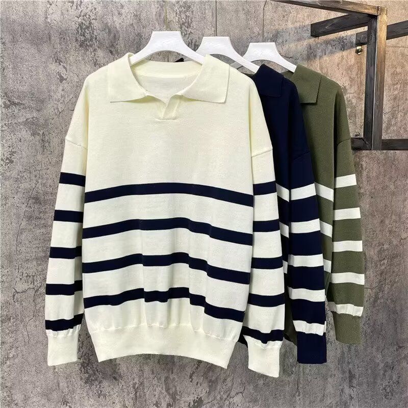 Maglione polo a righe autunno inverno da uomo, comodo, largo, in stile leggero e maturo, con risvolto_voghion.com