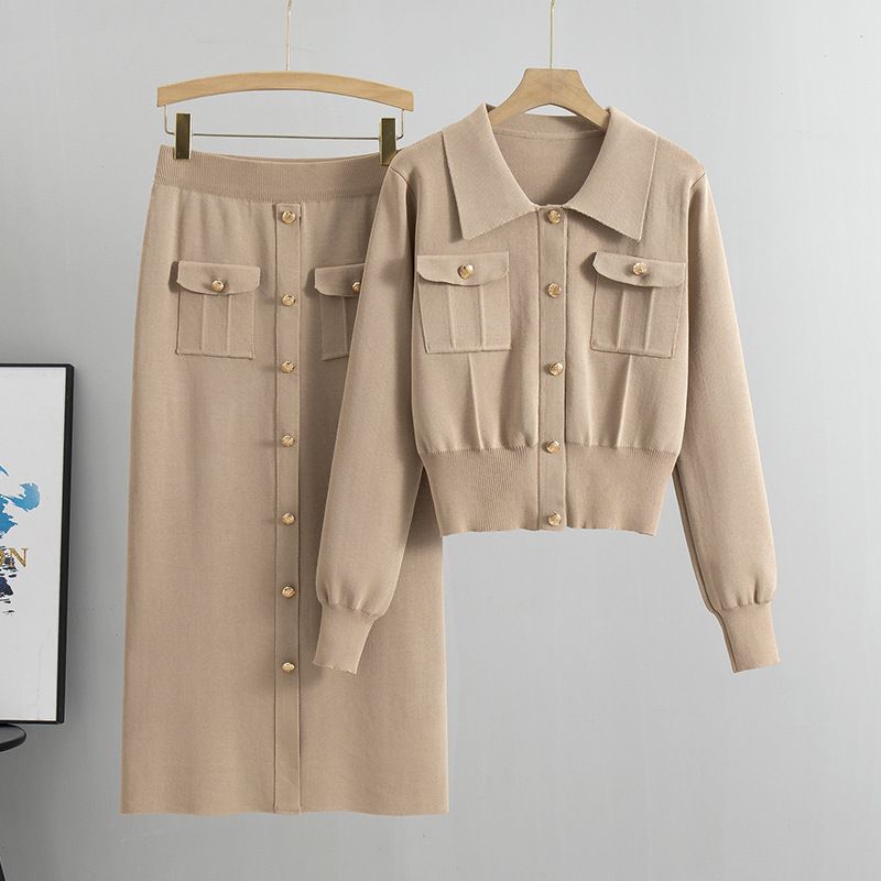 Franse stijl revers nieuw geïnspireerd pak herfst winter trui dames vest top gebreide slim fit rok tweedelige set_voghion.com