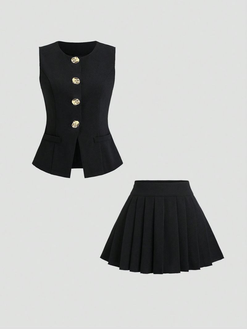 Ensemble deux pièces élégant avec jupe noire – Mini-jupe plissée et haut (S/M/L/XL/XXL, polyester, style décontracté)_voghion.com