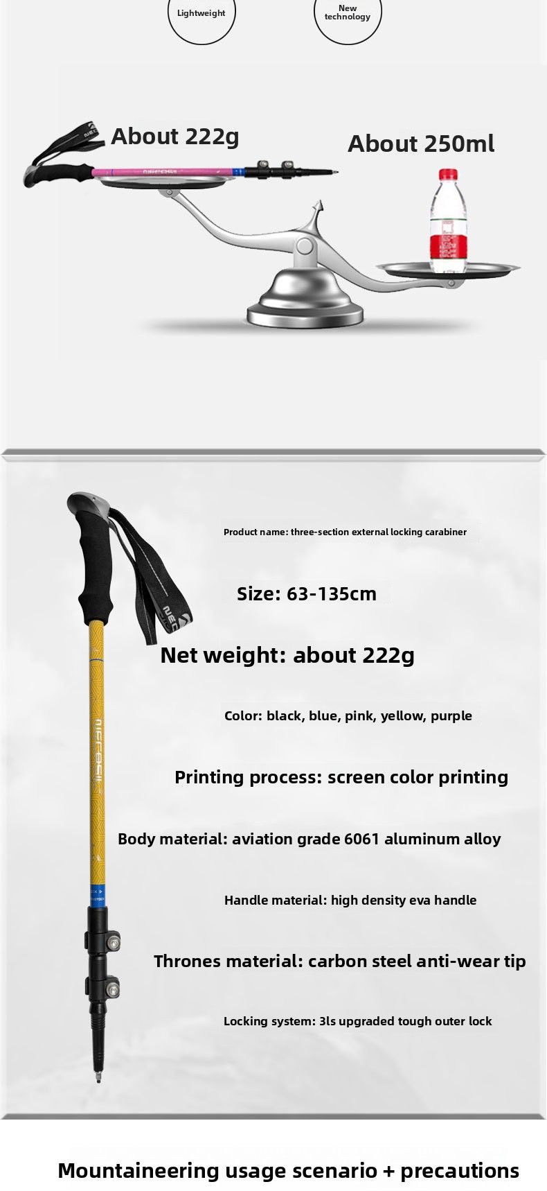Newcastle Aluminum Alloy Trekking Pole Three-Section Telescopic External Lock Multi-Functional Lightweight Portable_voghion.com