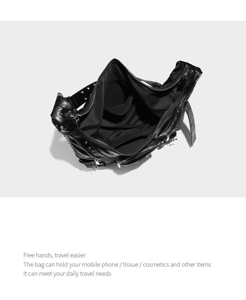 Borsa tote, design di nicchia, grande capacità, elegante borsa a forma di gnocco, stile motociclista scuro, borsa a tracolla con rivetti neutri. Mostra la tua personalità._voghion.com