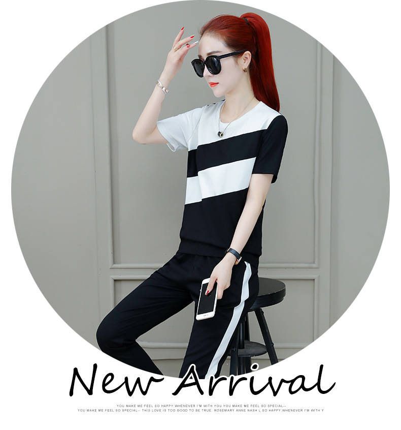 2025 Summer Women's Korean Style Loose Plus Size Color Block Short Sleeve T-Shirt And Long Pants Running Casual_voghion.com