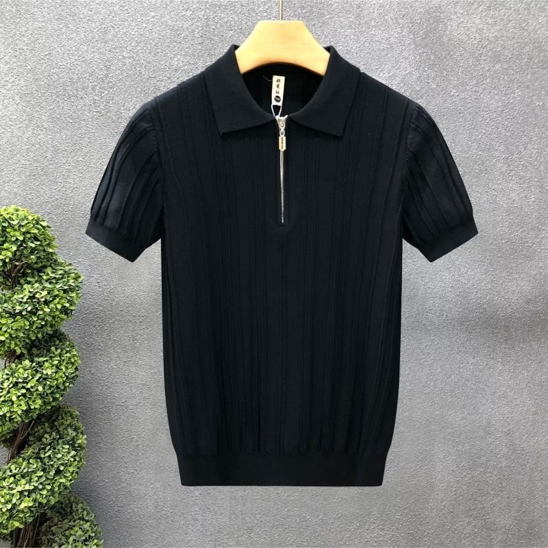 Polo da uomo con mezza cerniera, maglietta a maniche corte con risvolto in maglia, top estivi traspiranti in seta ghiacciata_voghion.com