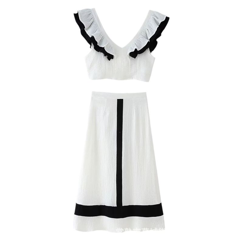 UC&ZA Style Dames Zomer Kleurblok V-hals Ruffle Trim Slim Top en Rok Set_voghion.com