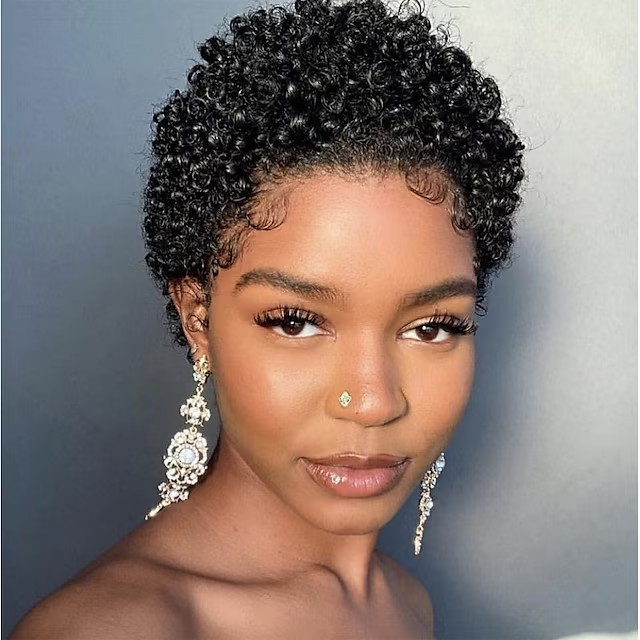 Synthetische Perücke, kurze Haare, Damen, flauschige schwarze synthetische Perücke, kleine lockige Kopfbedeckung_voghion.com