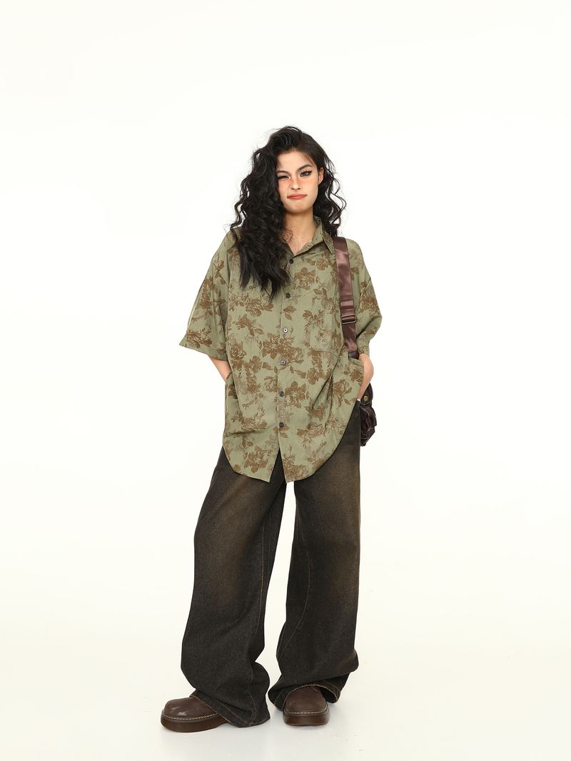 Camicia estiva ampia e alla moda in stile americano, a maniche corte, stile vintage floreale, stile Wild Azi, per donna_voghion.com