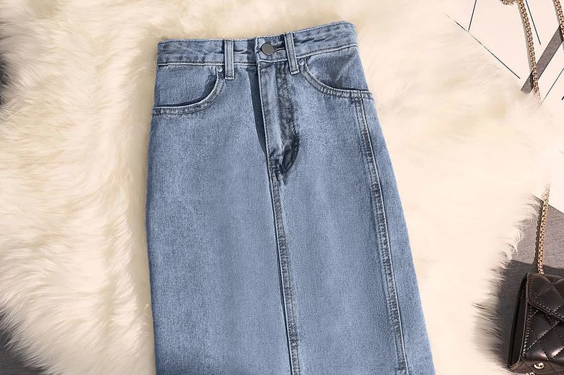 Gonna in denim da donna, gonna a vita alta, sottile, di media lunghezza, con spacchi laterali_voghion.com