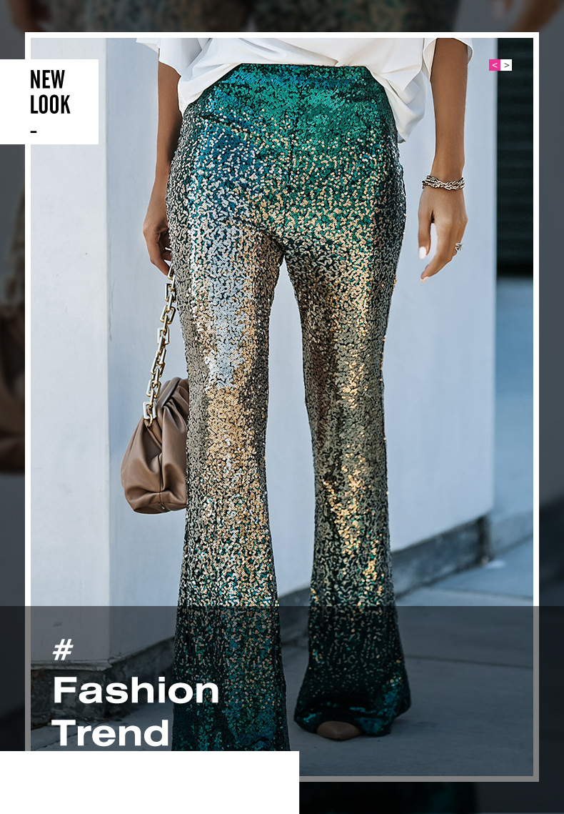 Ropa de mujer Primavera y otoño Nuevos pantalones acampanados de cintura alta delgados con lentejuelas_voghion.com