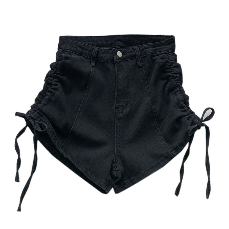 Drawstring tied high waisted elastic denim shorts for women's summer thin straight versatile slim fit wide leg hot pants_voghion.com
