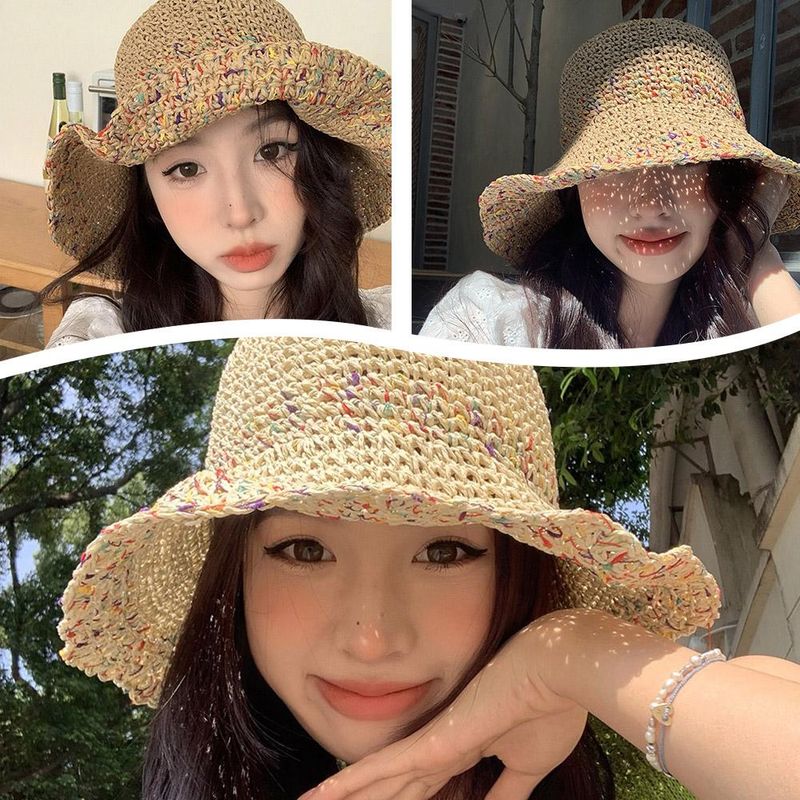 Hot Sale Summer Straw Sun Hats for Women Showing Face Small Bucket Hat Large Brim Sunshade and Sunscreen Seaside Beach Cap Y4A5_voghion.com