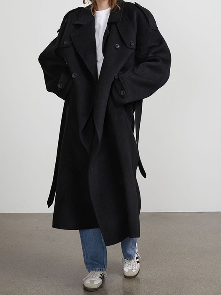 Zeitloser, zweireihiger Trenchcoat – Langer Wollmischmantel mit Gürtel in der Taille (S/M/L, Schwarz/Braun/Grau für mühelose Eleganz)_voghion.com