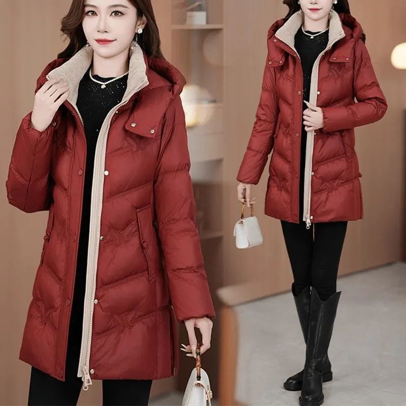 Piumino da donna di alta qualità, di media lunghezza, invernale 2025, nuovo, alla moda, elegante, spesso, caldo, con cappuccio in cotone_voghion.com