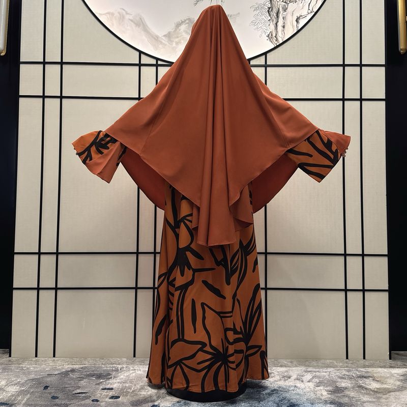 Women's Clothing Ladies Long Sleeved Robe Abaya Non Positioning Color Dress Print With Headscarf Two Piece Set_voghion.com