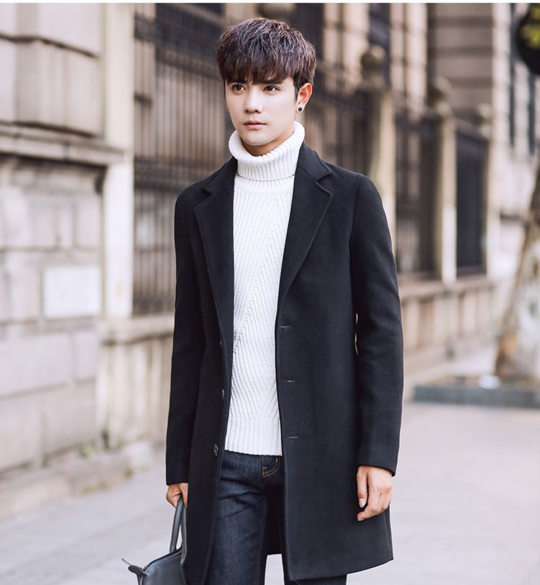 Spring And Autumn Mid-Length Youth Korean Style Slim Woolen Coat, Men's Trench Coat_voghion.com
