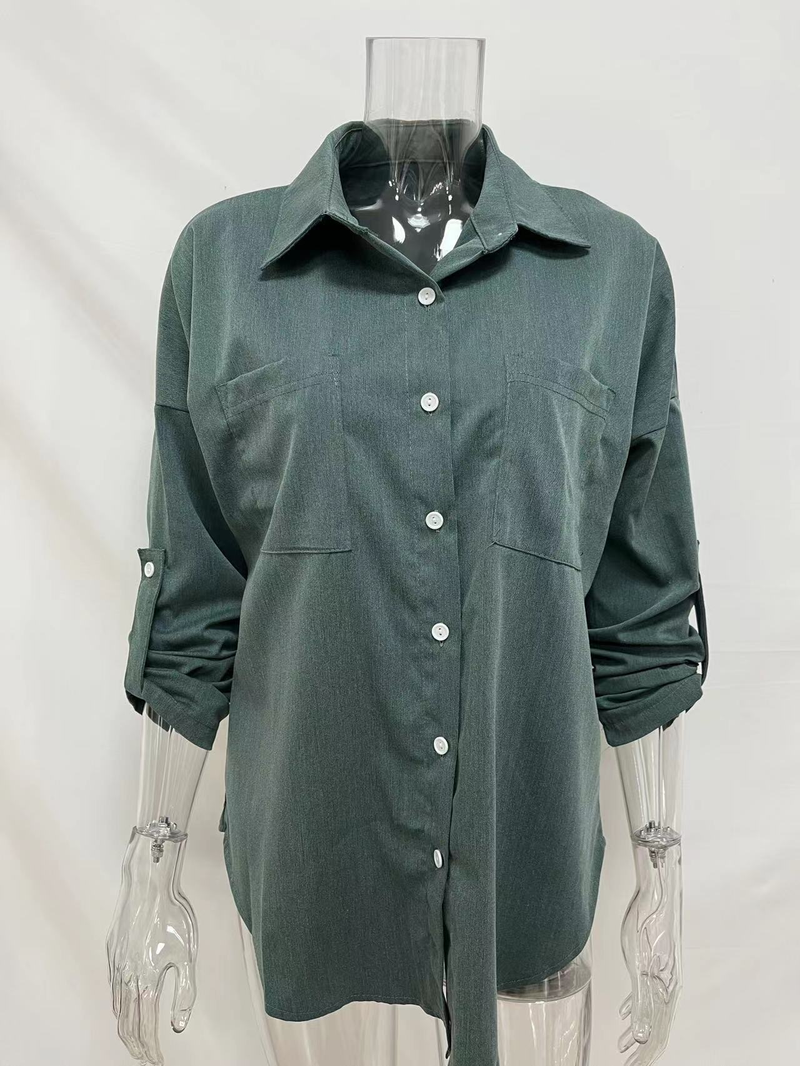 Camicia in denim da donna, camicia da cappotto casual all-match a maniche lunghe con doppia tasca ampia_voghion.com