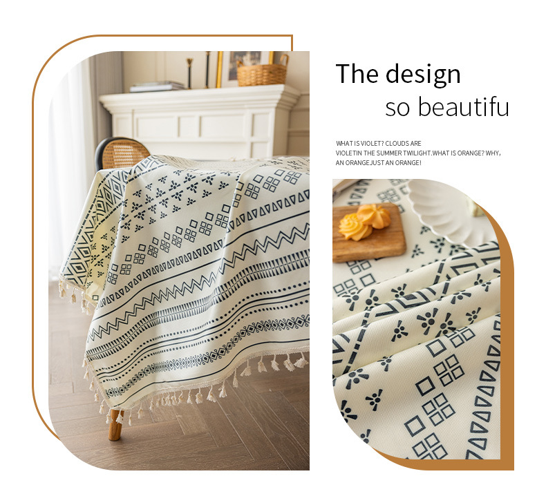 Bohemian tablecloth, cotton and linen, washable fabric, ethnic style, rectangular tassel dining, homestay tablecloth, waterproof and oil resistant_voghion.com