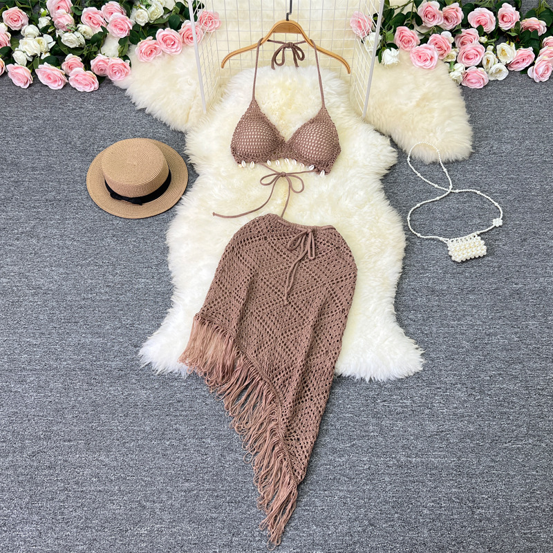 Women's holiday style suit women's design bikini halter top versatile tassel skirt knitted two-piece set_voghion.com