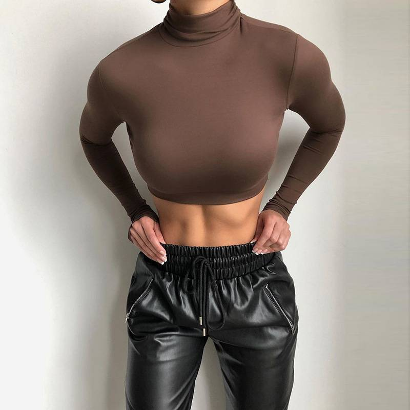Basic Sheath Women Solid Turtleneck Tshirt Autumn Stretch Casual Undershirt Female All-match Street Activity Crop Tops_voghion.com
