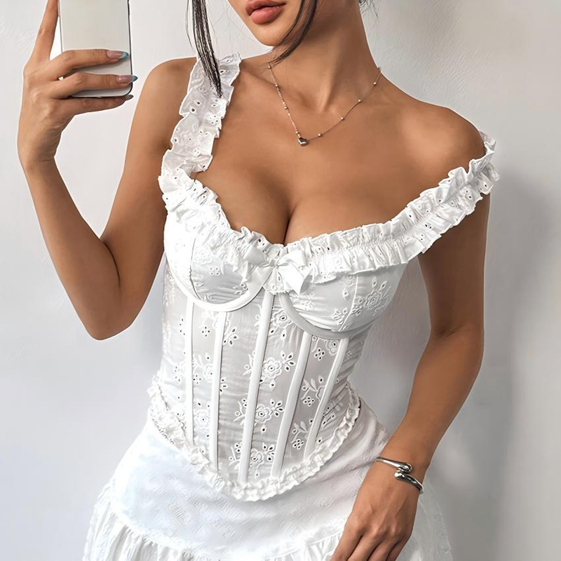 Elegante top bustier di ispirazione francese - Gilet corsetto con finiture in pizzo dolce e giovanile per donna, vestibilità slim, colore puro_voghion.com
