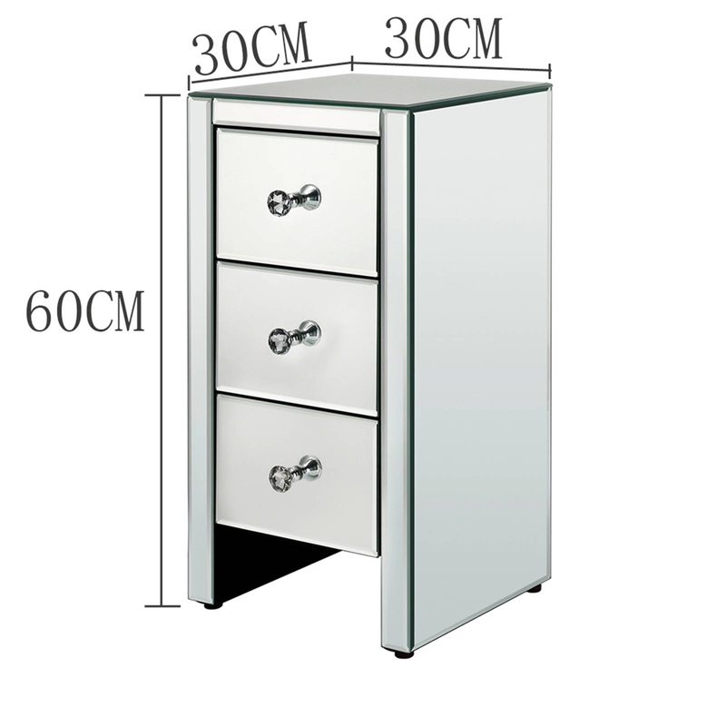 Verspiegelter Nachttisch mit 3 Schubladen – Silbernes Glas und MDF, modernes Glamour-Design (30 x 30 x 60 cm) – Geräumiger Stauraum mit Kristallknöpfen, für kleine Schlafzimmer_voghion.com