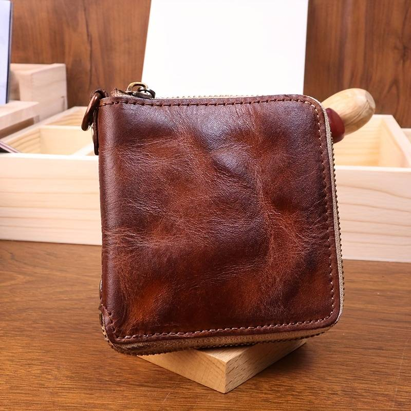 Handmade Genuine Leather Wallet Retro Short Vintage Vegetable-tanned Water-washed Cowhide Personalized Zipper Wallet_voghion.com