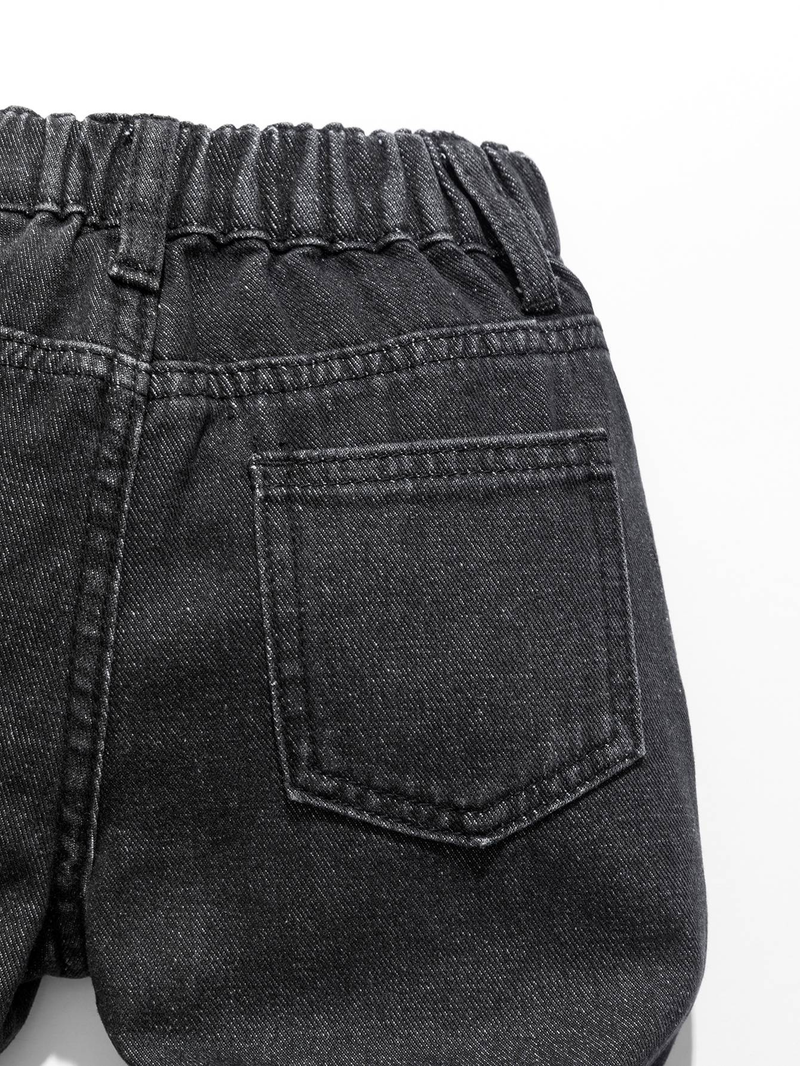 Vaqueros con oso bordado para niño - Pantalones vaqueros negros vintage | Corte holgado con patchwork (3-8 años)_voghion.com