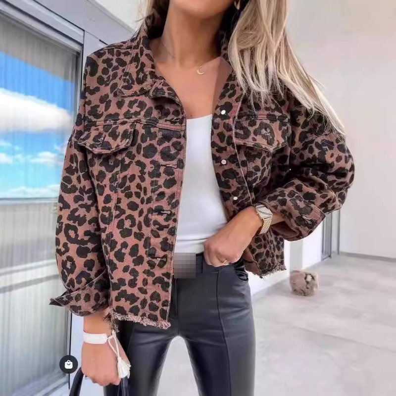 Dameskleding Mode Luipaardprint Spijkerjack - Relaxte pasvorm Korte mouwen Casual Blouse Voor Dagelijks Gebruik_voghion.com