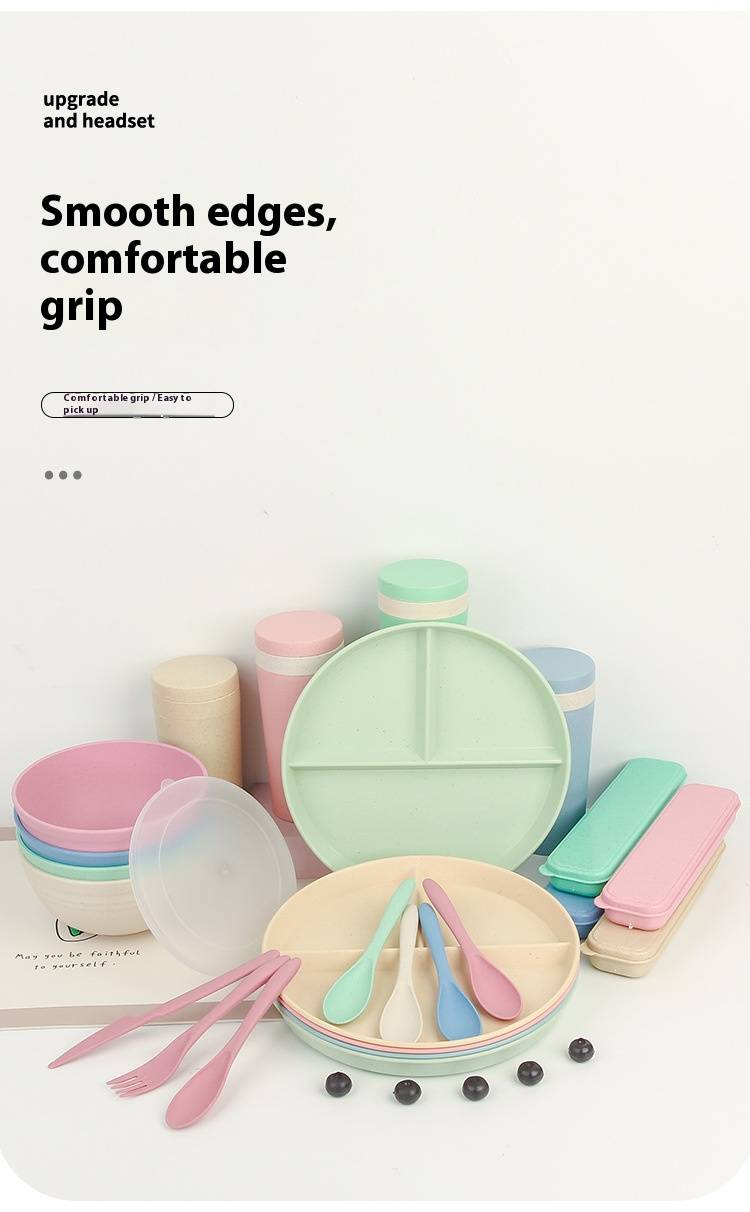Eco-Friendly Wheat Straw Tableware Set – 5-Piece Dinner Plates, Bowls, Cutlery & Cup | BPA-Free, Microwave Safe, Lightweight & Durable_voghion.com