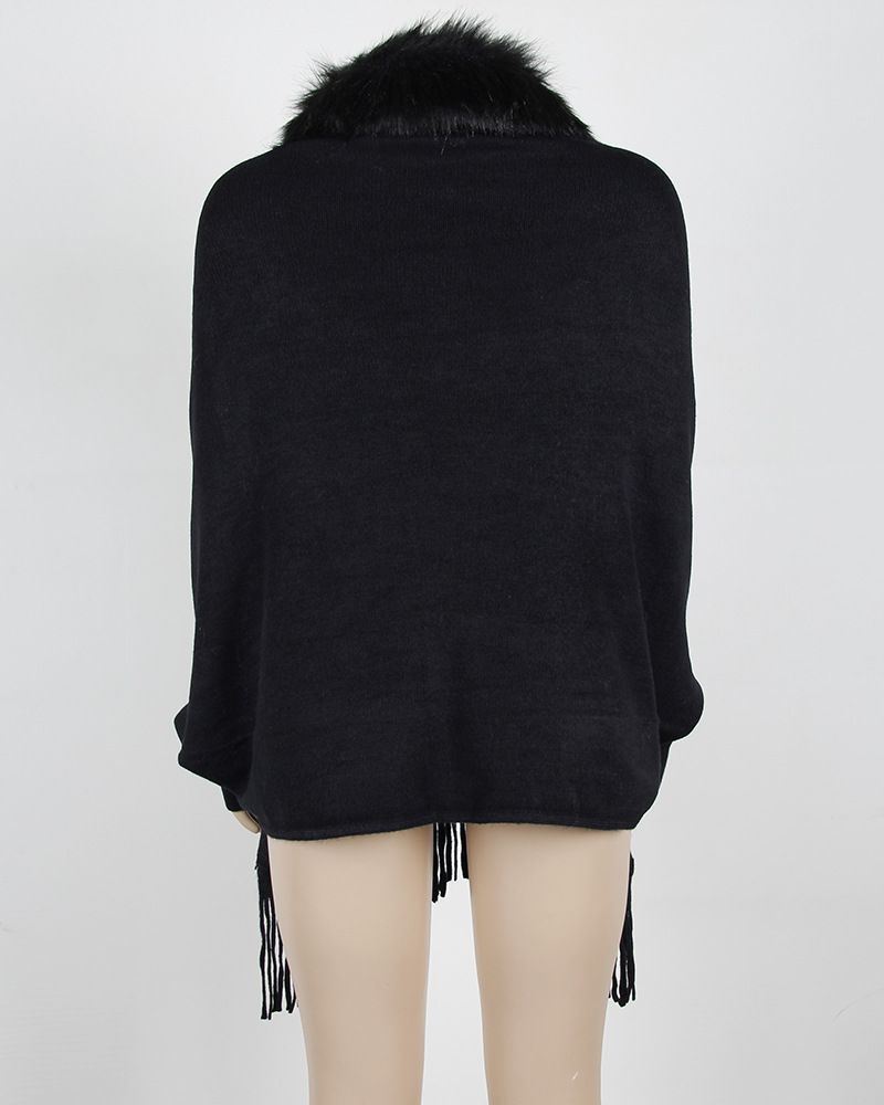 Maglione cardigan tinta unita in stile europeo e americano, autunno e inverno, con nappa e collo in pelliccia_voghion.com
