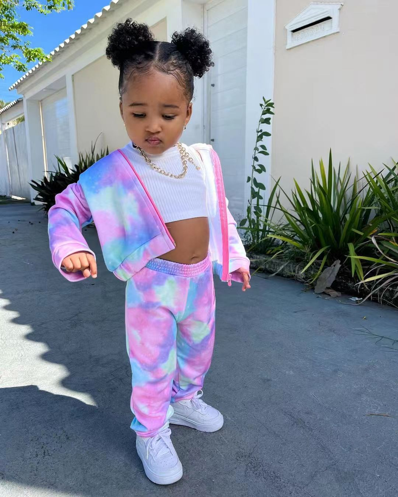 M8069 children's clothing 2024 casual sports new cardigan long sleeved tie dyed hoodie set_voghion.com