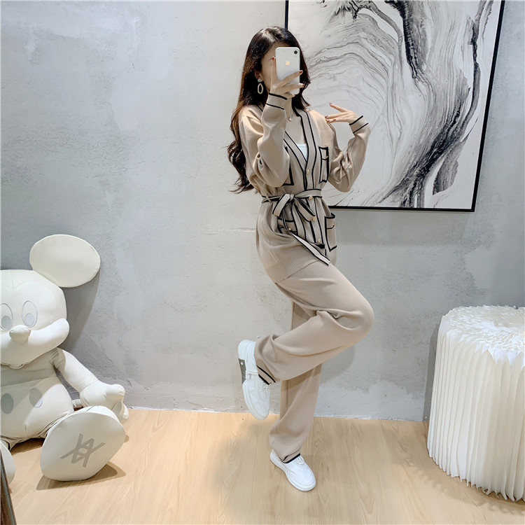 Cardigan en tricot pour femmes, pantalon à jambes larges, ensemble deux pièces à la mode_voghion.com