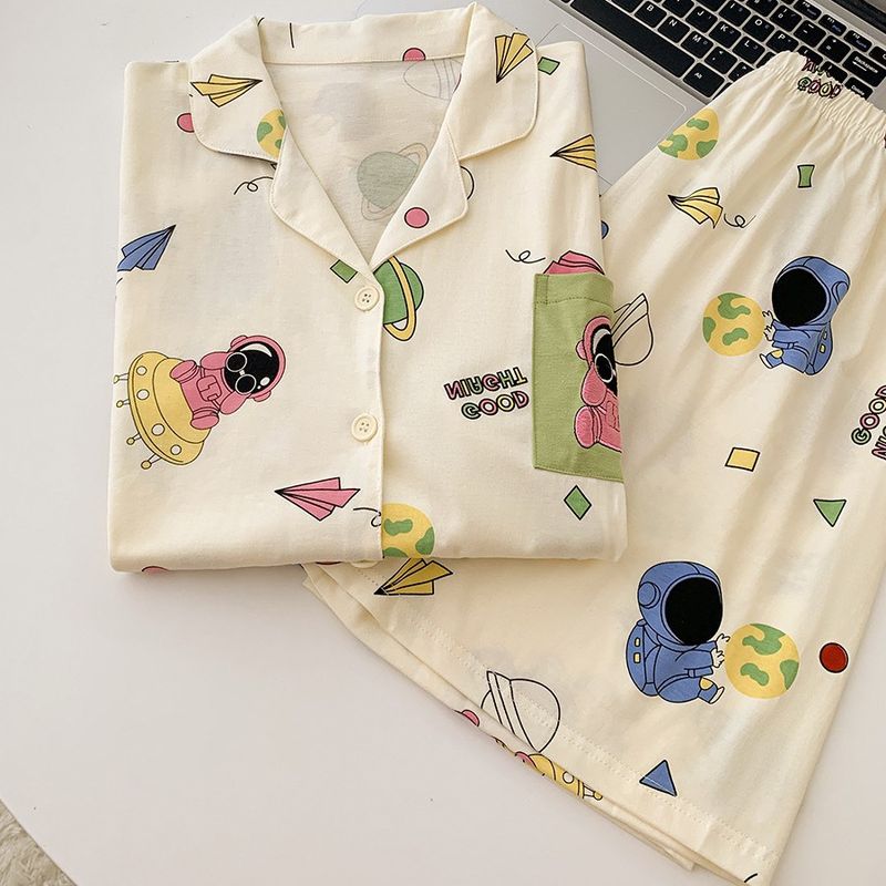 2024 Korean Summer Pure Cotton Pajamas for Women, Thin, Comfortable, Breathable, Short Sleeve, Cartoon Cool Student Set,_voghion.com