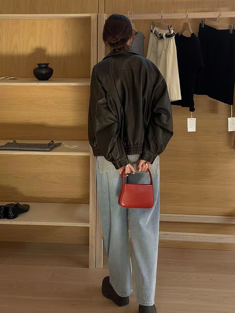 Women's Clothing Retro PU Leather Short Motorcycle Jacket For Women Autumn And Winter New Loose Leather Lapel Jacket_voghion.com