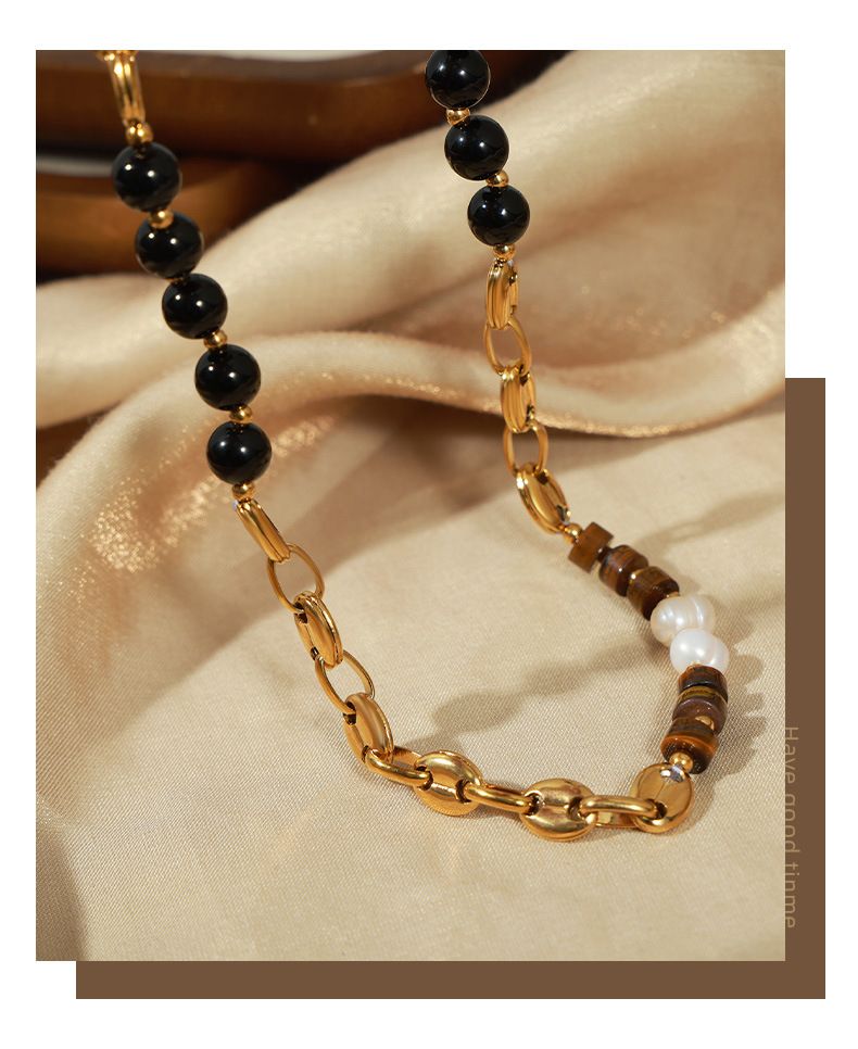 Maillard-Stil Modischer Schmuck aus Titanstahl Tigerauge-Stein Schwarze Achat-Perlenkette Vergoldetes Designgefühl_voghion.com