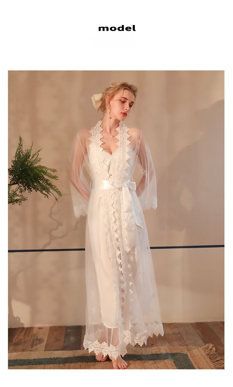 Pigiama con bretelle, camicie da notte, camicie da notte, set da due pezzi, pizzo a rete con fiori idrosolubili, abbigliamento da casa lungo_voghion.com