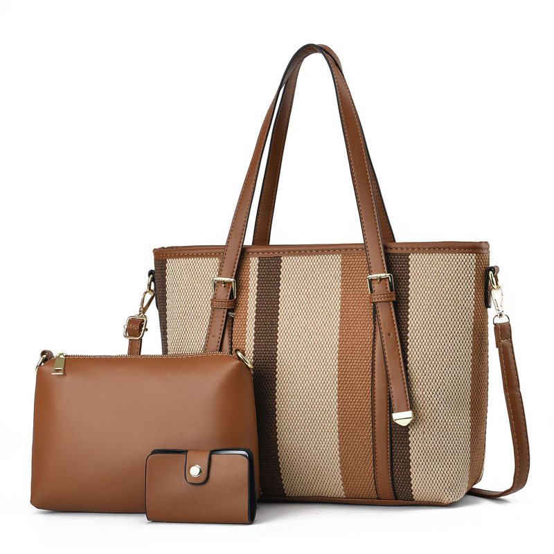 Striped versatile for women, large capacity commuting three piece set, handbag, tote bag, simple and atmospheric women's_voghion.com