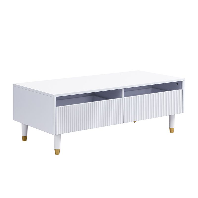 Ensemble de meubles LED modernes : meuble TV 4 portes et table basse 2 tiroirs, blanc avec design doré, éclairage LED, texture ondulée, façades en acrylique pour un salon élégant._voghion.com