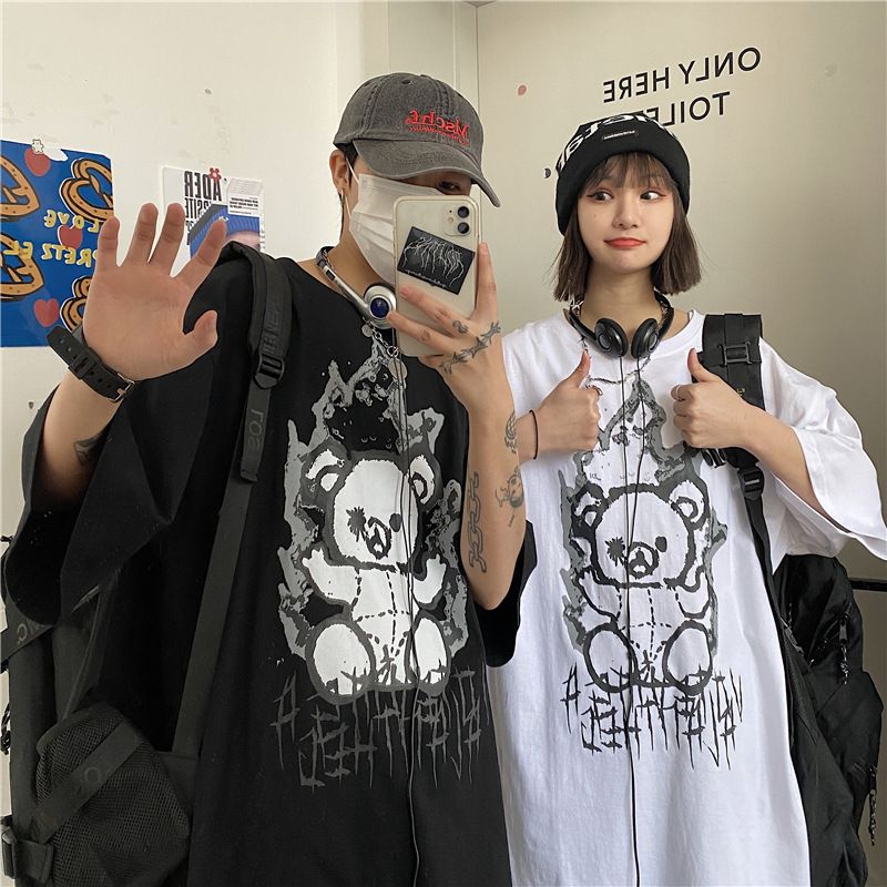 Men's Clothing summer new fashion brand pure cotton bear cartoon print men's Korean loose short sleeved T shirt men's couple wear_voghion.com