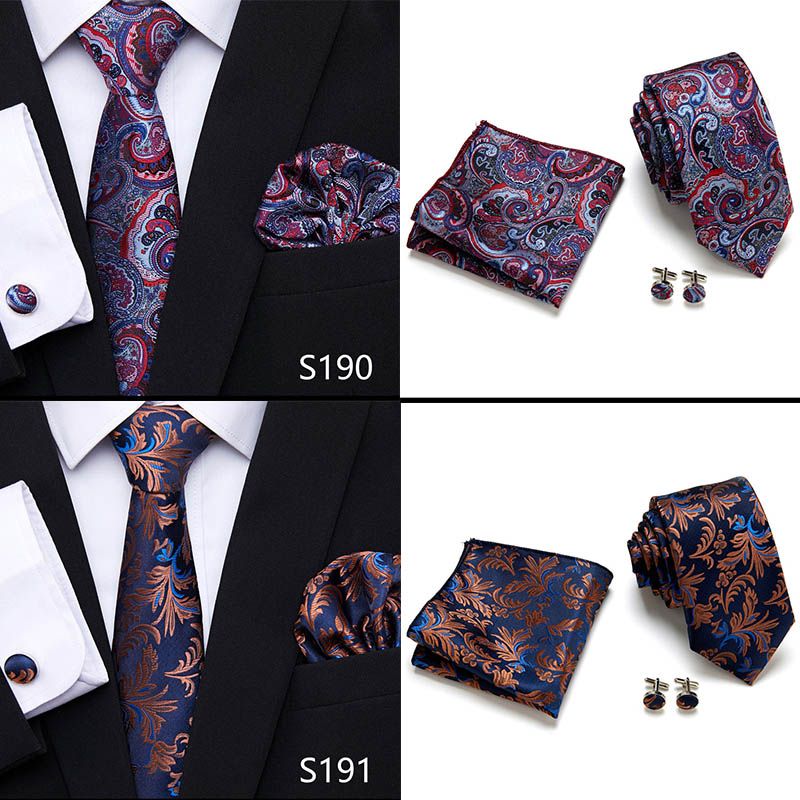 Jacquard Nuovo Design Festivo Regalo Cravatta Fazzoletto Gemelli Set Cravatta Uomo Plaid Camicia Gialla Accessori_voghion.com