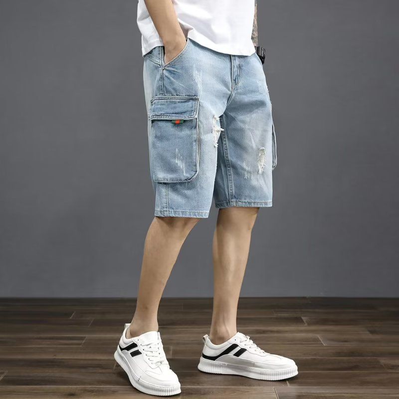 Men's Denim Summer Thin Cargo Multi-Pocket Five-Point Loose Trendy Versatile Casual Mid-Length Shorts_voghion.com
