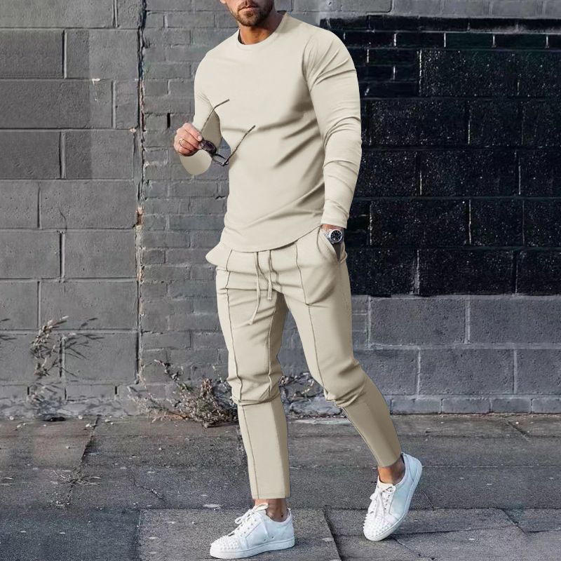 Completo sportivo da uomo casual a due pezzi, completo autunno 2025 con scollo rotondo, maglietta a maniche lunghe e pantaloni_voghion.com