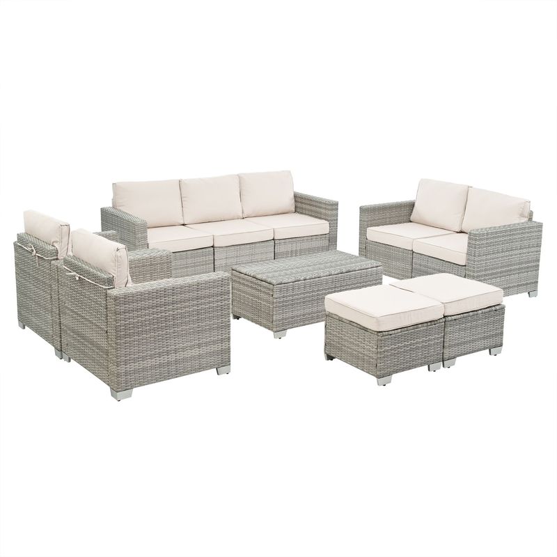 10 Piece PE Rattan Patio Furniture Set, Sectional Sofa Set, Outdoor Patio Furniture Set With Cushions & Tempered Glass Coffee Table_voghion.com