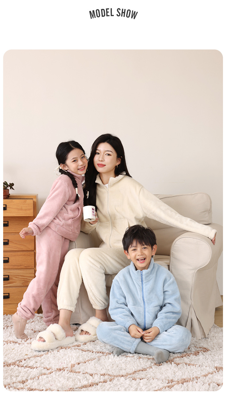 Conjunto de pijamas de franela para niños, pijamas de Cachemira para padres e hijos, ropa de casa cálida de otoño e invierno con terciopelo Coral grueso_voghion.com