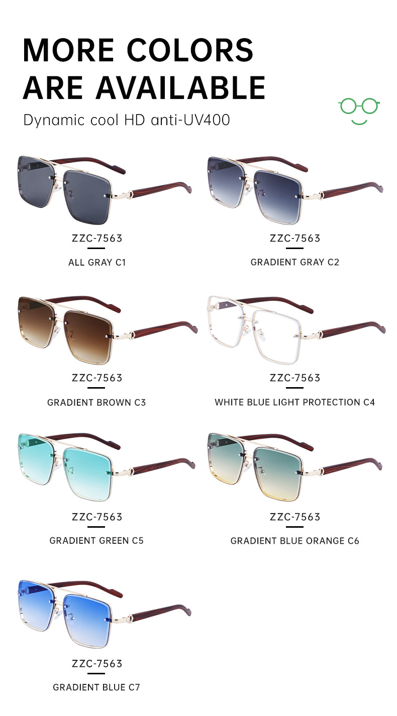 2024 Neue europäische und amerikanische Vintage-Doppelstrahl-Sonnenbrille aus Metall für Herren, Spiegelbeine aus Holzimitat, Anti-Blaulicht-Sonnenbrille für Herren_voghion.com