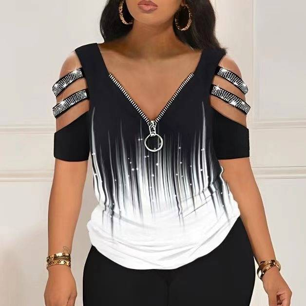 Ensemble deux pièces pour femme, haut décontracté imprimé, col en V, fermeture éclair, dégradé, short_voghion.com