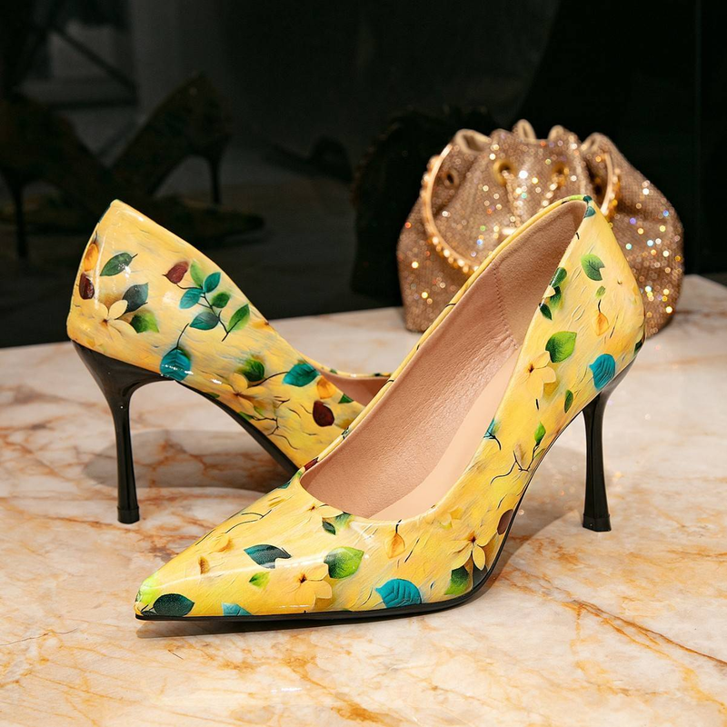 Damen High Heels Damen Modische Gelb Bedruckte Einfache Spitze Stiletto High Heels Einzelne Schuhe Damen_voghion.com
