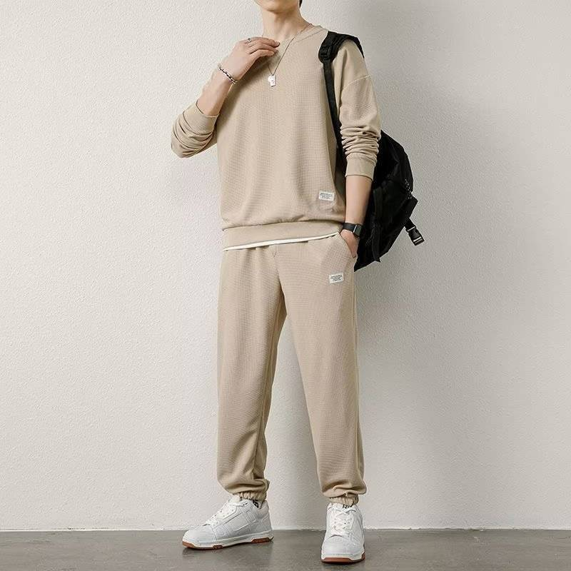 Spor Giyim Günlük Spor Sweatshirt Takım Elbise Erkek Sonbahar ve Kış Yeni Stil Bol Waffle Yuvarlak Yaka Sweatshirt_voghion.com