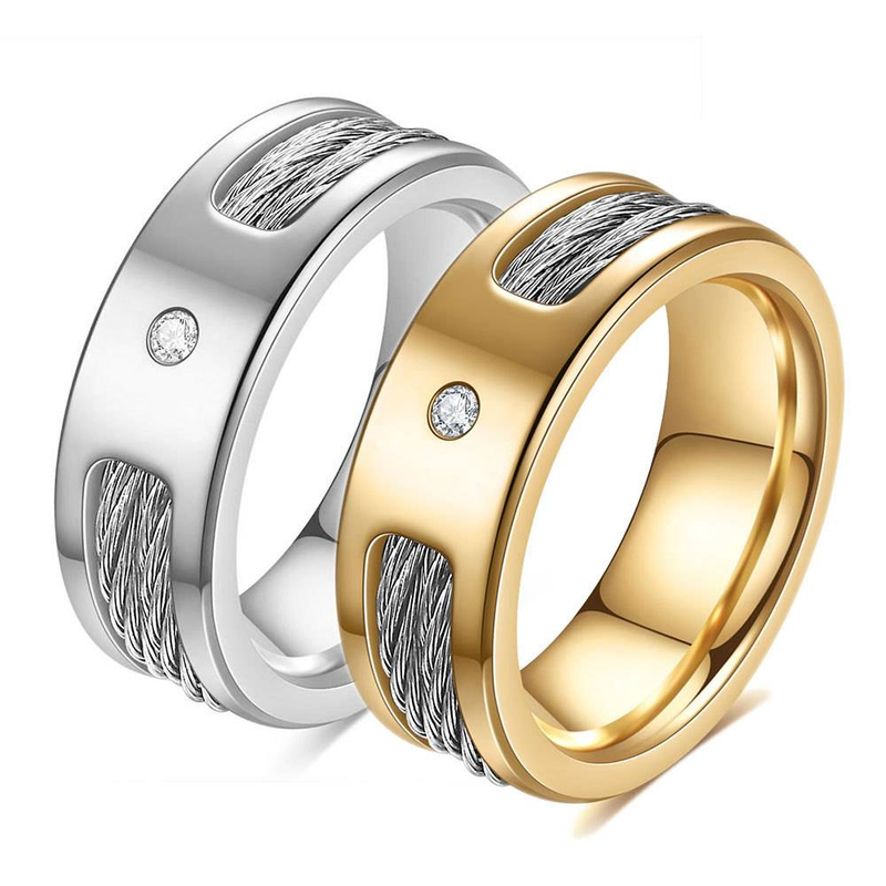 Men's Stainless Steel Diamond Ring - 8MM Cable Wire Band With Cubic Zirconia, Geometric Design, Sizes 7-12 Steel Wire Smooth Stainless Steel Ring_voghion.com